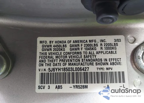 2003 Honda Element Ex from USA, damaged, VIN 5J6YH18503L006427